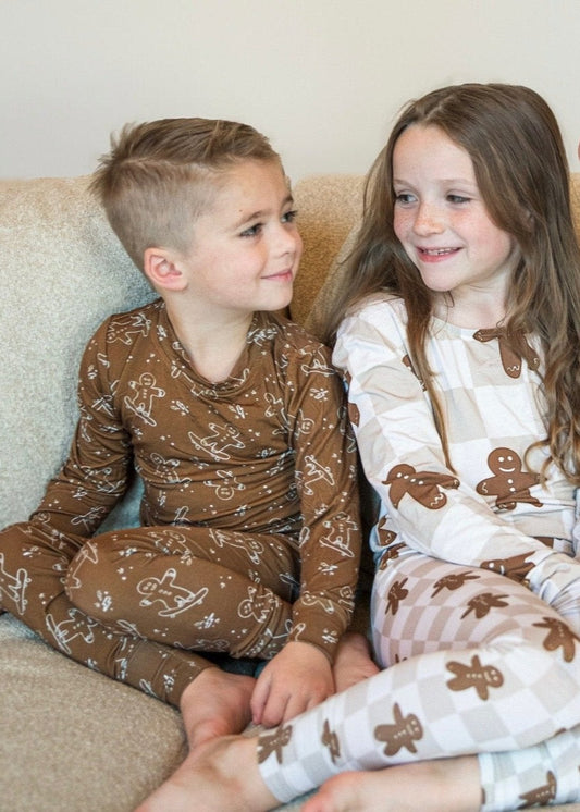 Bamboo Toddler and Kids Christmas Pajamas | Matching Family Holiday Set - Skating Gingerbread - Rippers & Rascals